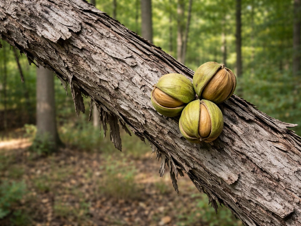 Close-up of shaggy hickory bark and a small cluster of hickory nuts on a branch.