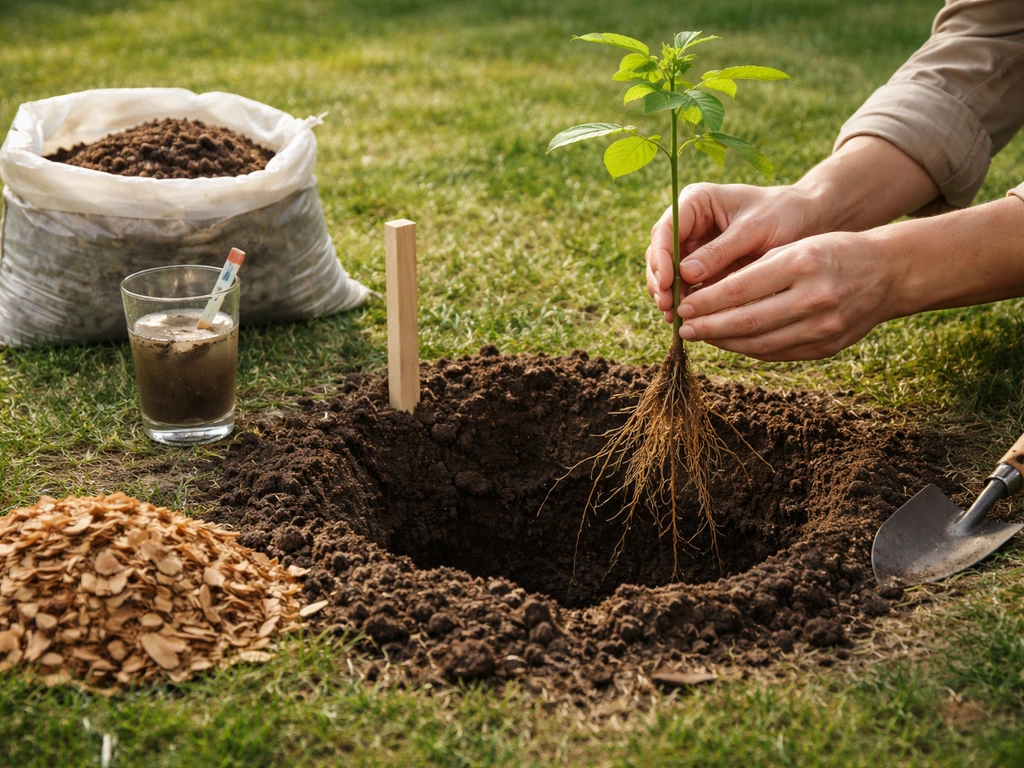 Hands placing a bare-root nut seedling with a pH test strip cup, depth marker, and mulch beside the hole.
