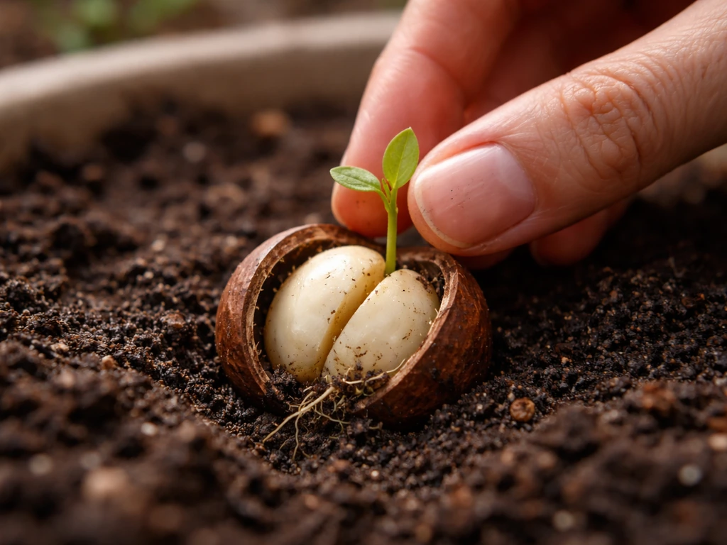Hand sprouting an exposed macadamia seed on soil next to a macadamia nut