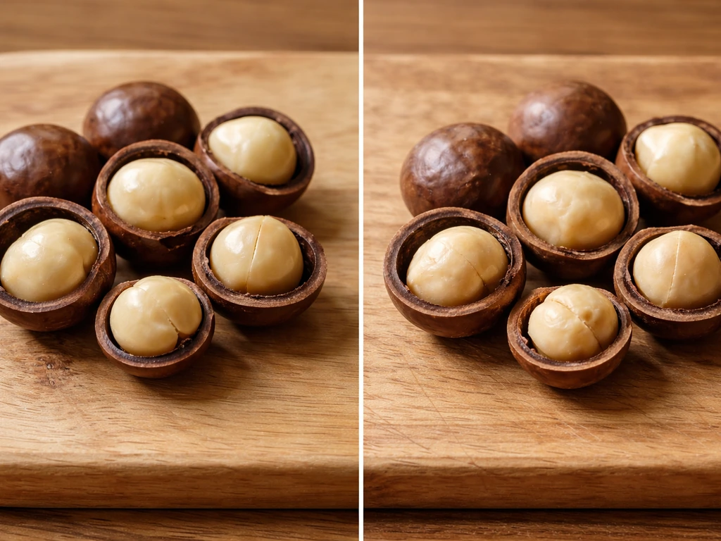 Close-up of fresh and dried macadamia nuts showing glossy kernels vs matte, drier kernels.
