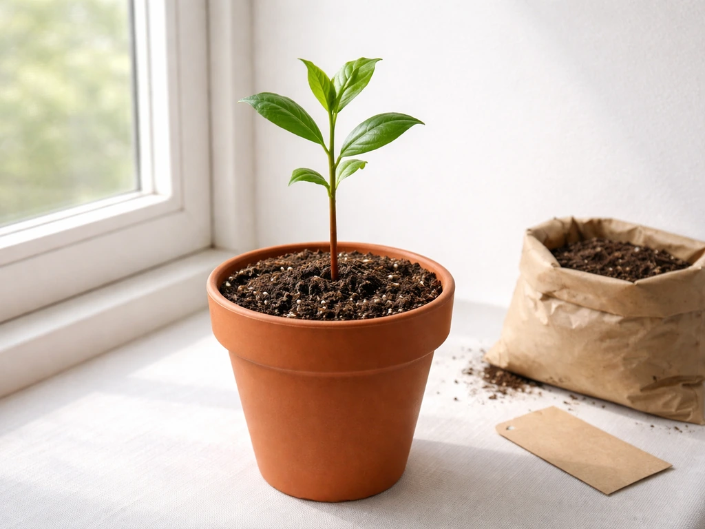 Macadamia seedling in a deep pot by a bright window with potting mix and a plain tag