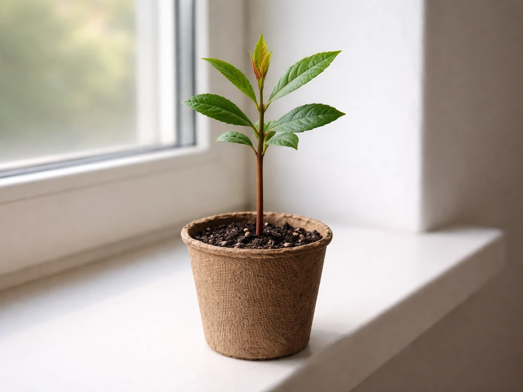 Young macadamia seedling in a small pot by a bright window, stems and leaf sets clearly visible.
