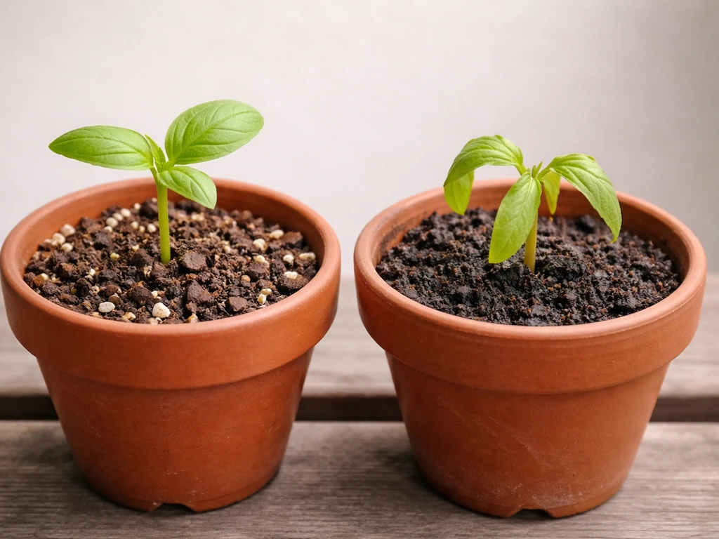 Split view style photo: healthy seedling in bright soil versus troubled seedling in damp, dark potting mix