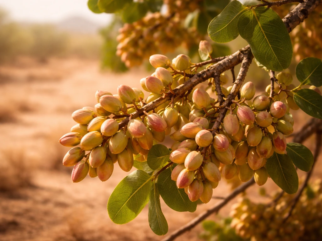 Close-up of pistachio clusters on a sunlit branch in an arid low-desert setting.