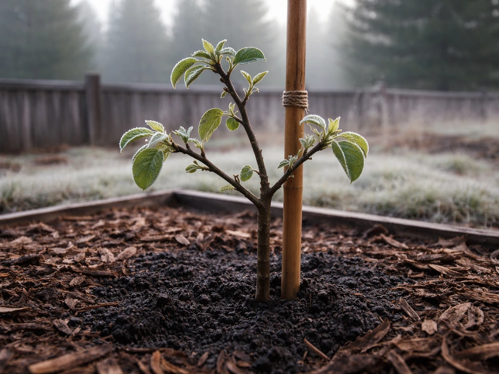 Close view of a young fruit tree in a cool northern plateau garden, frost-bitten leaves and sheltered soil.