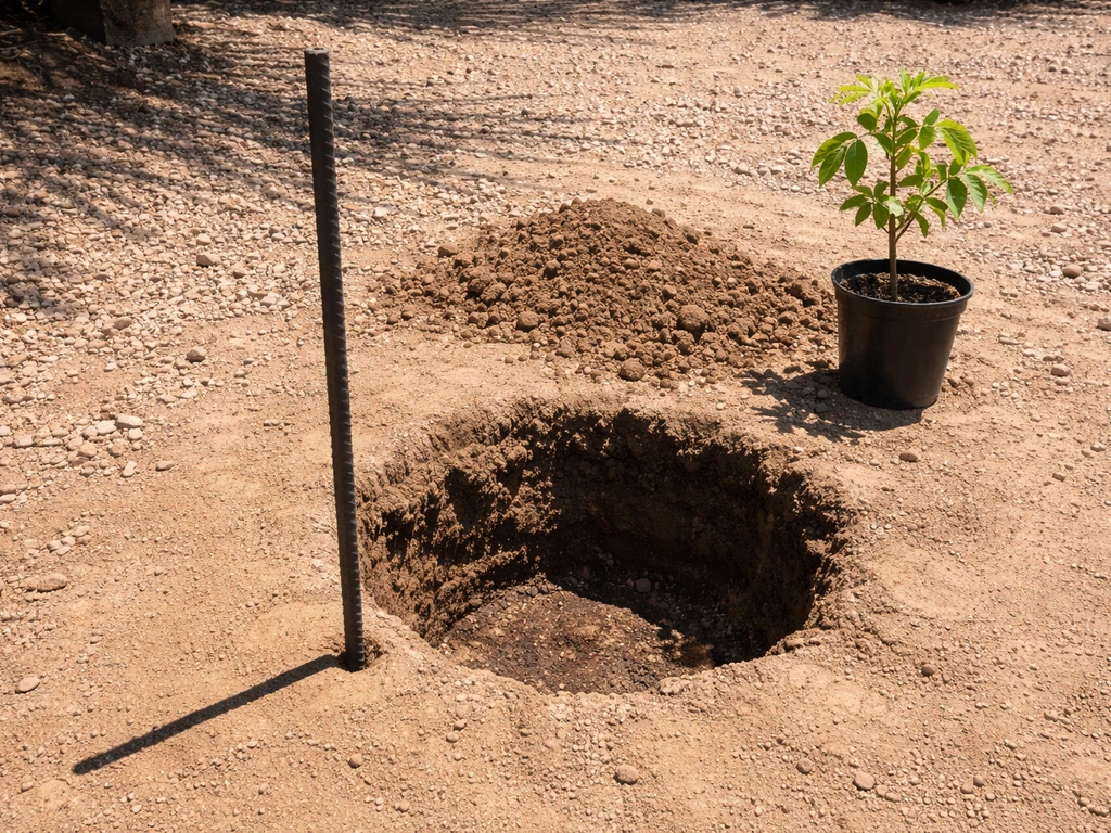 Hands using a rebar probe to test desert soil depth beside a freshly dug planting hole for a young tree