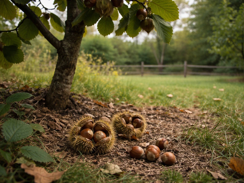 Chestnut burs splitting on the ground under a hazelnut tree with New England yard backdrop