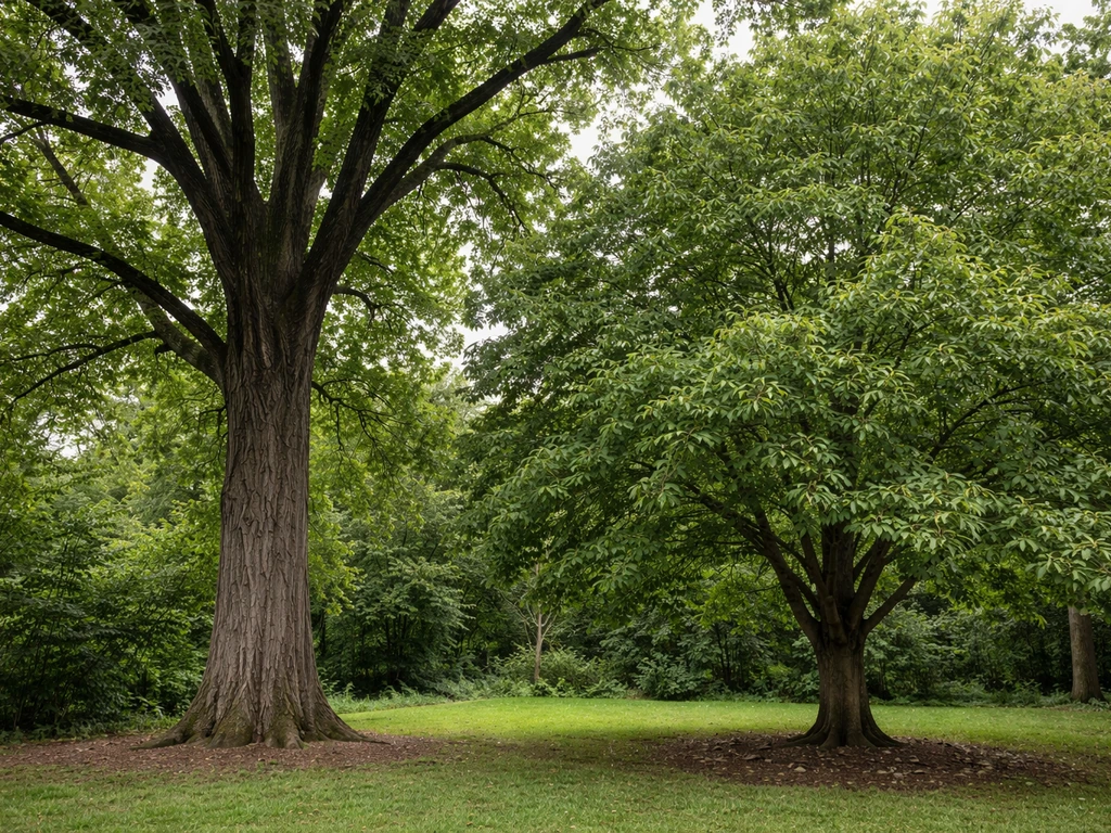 Mature black walnut and Chinese chestnut trees side-by-side in a Connecticut backyard yard.