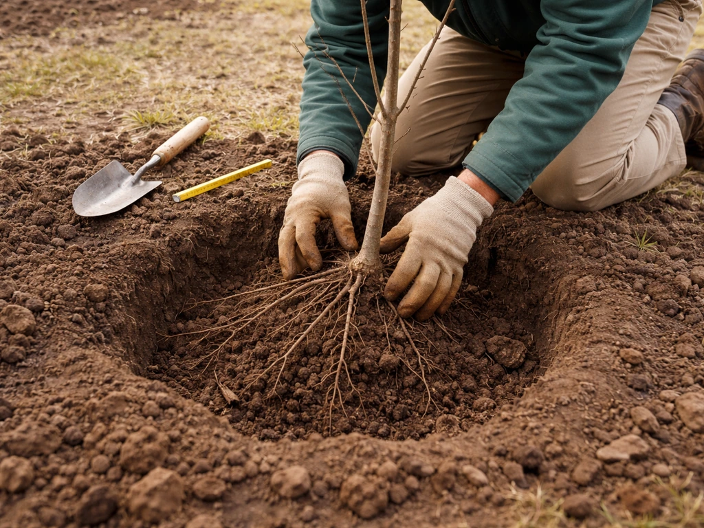 Gardener in early spring kneels by a small planting hole, placing bare-root nut tree with roots spread