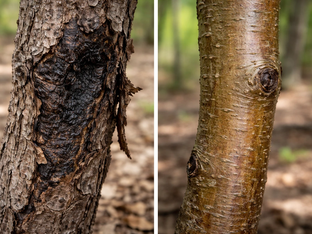 Close-up of chestnut bark showing dark cankers beside a healthy branch section.