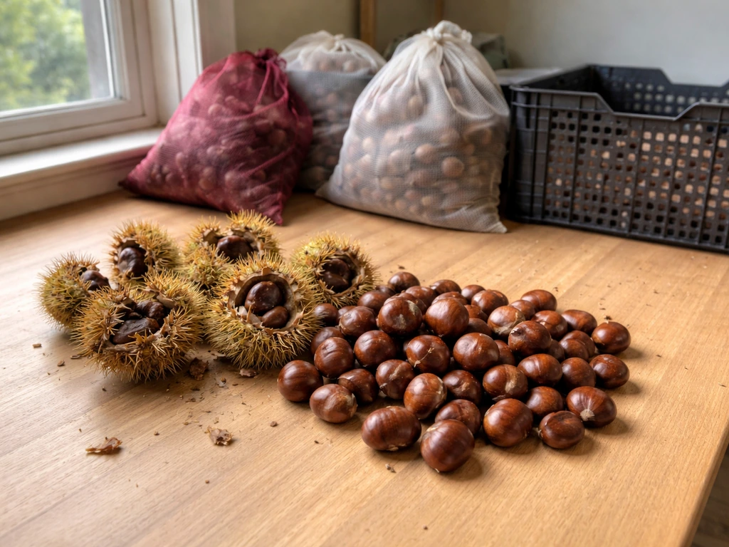 Harvested nuts drying on a wooden table beside mesh bags and a perforated crate for storage.