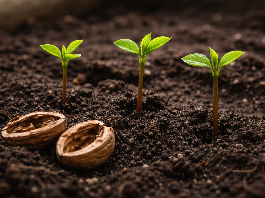 Young walnut seedlings emerging from sprouted nuts in moist soil, with a couple walnut shells nearby.