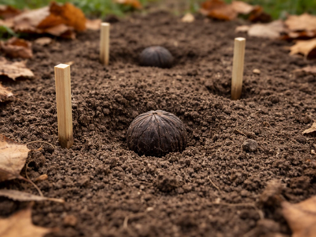 Black walnut nuts partially buried in an outdoor soil bed with small depth stakes, minimal autumn setting.