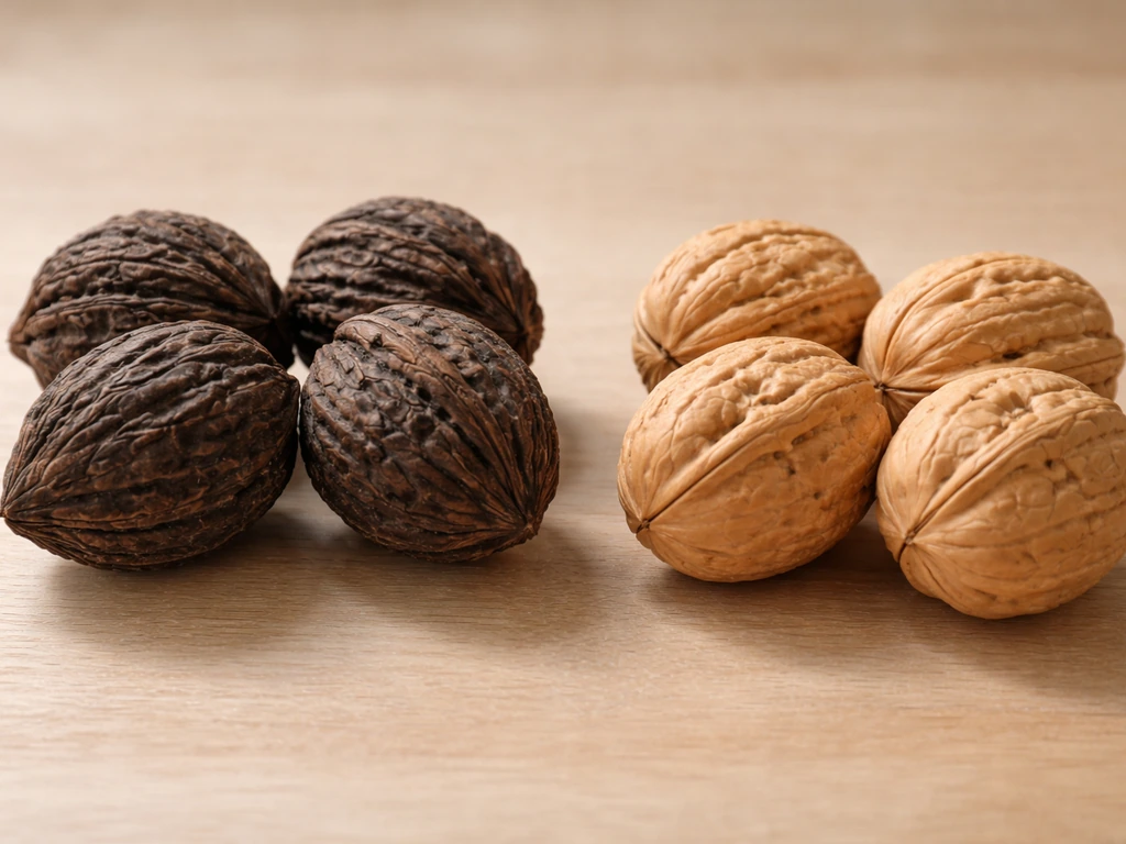Black walnut and English walnut nuts side-by-side on a simple tabletop background
