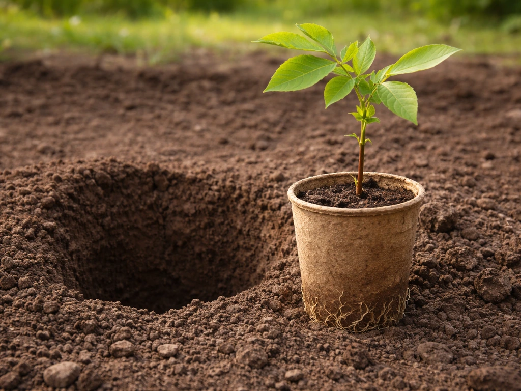 Walnut seedling in a small container beside a prepared planting hole, showing early transplanting