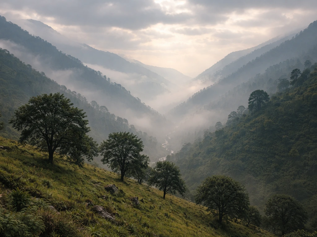 Misty Himalayan valley slopes in India with lush green hills, suggesting temperate walnut-growing regions.