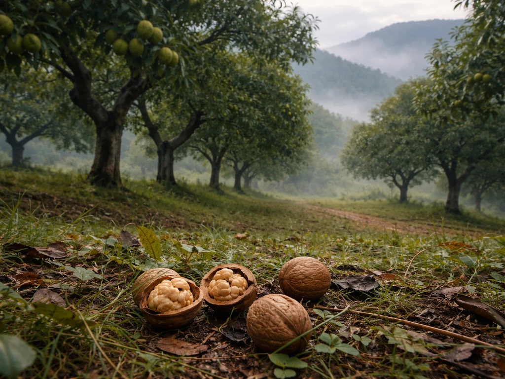 Walnut orchard in misty Himalayan hills with fallen walnuts and visible kernels on the ground.