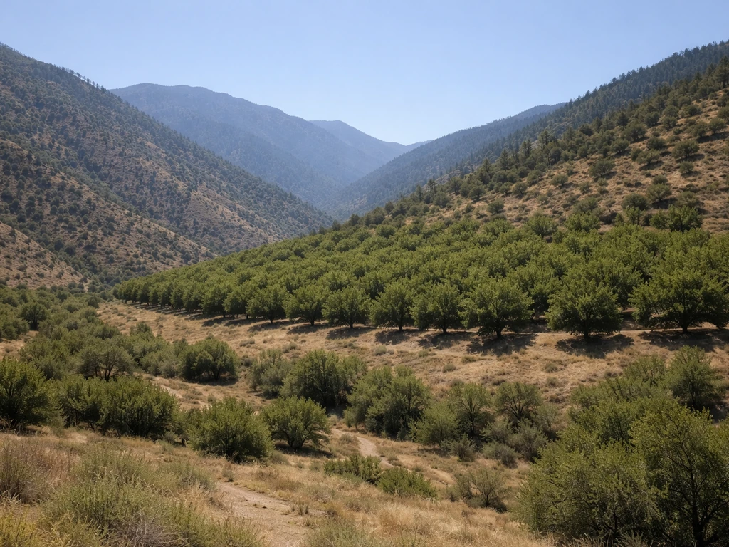 Minimal hillside valley gradient with a walnut orchard at mid-elevation under clear daylight.
