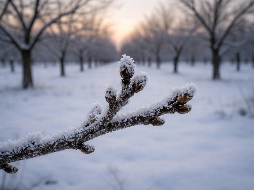 Light-frosted walnut branch in a snowy orchard, suggesting winter dormancy and chilling hours.