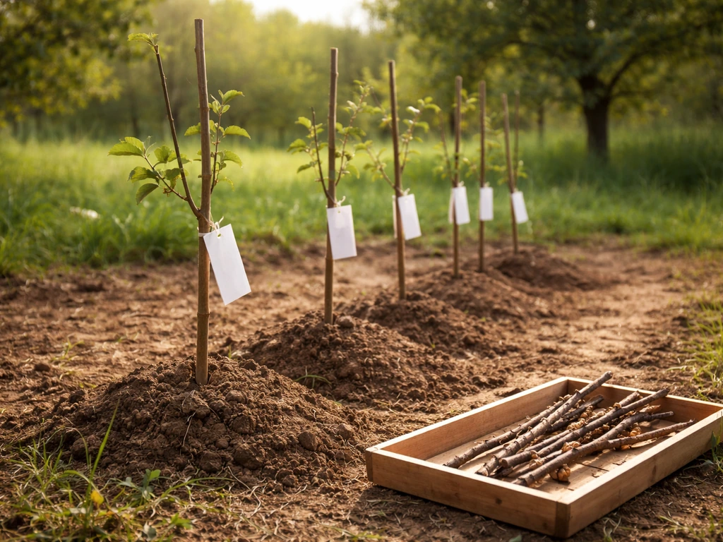 Walnut orchard row with saplings and tied branch samples suggesting different cultivars for chilling needs
