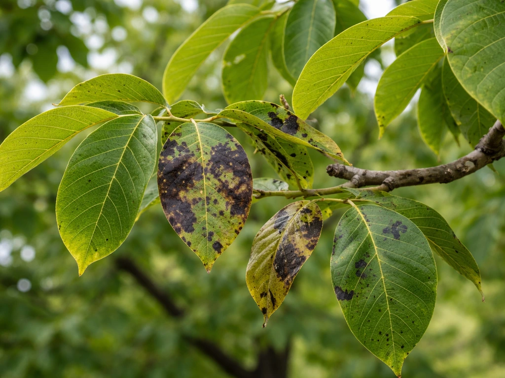 Close-up of walnut branches showing blight-affected leaves next to healthy green foliage