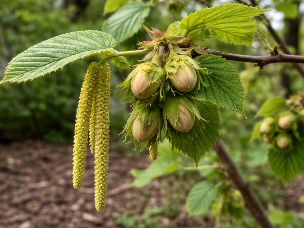 Close-up of hazelnut shrub branches with developing hazelnuts, catkins, and green leaves.