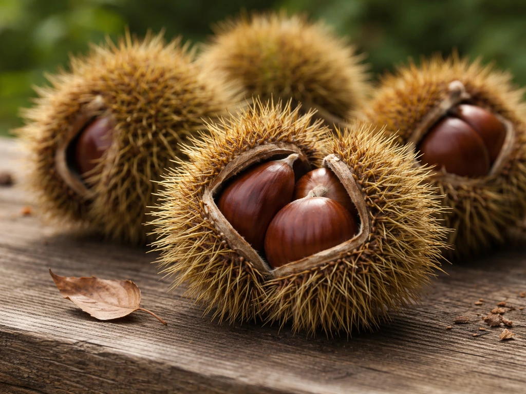 Spiny chestnut burs with visible brown chestnuts on a wooden surface, soft green background.