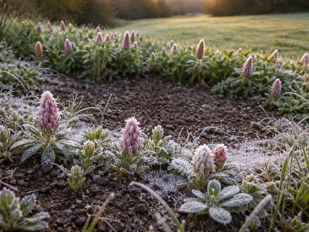 Garden plants in a low dip covered in frost, while nearby higher ground shows little to no frost.