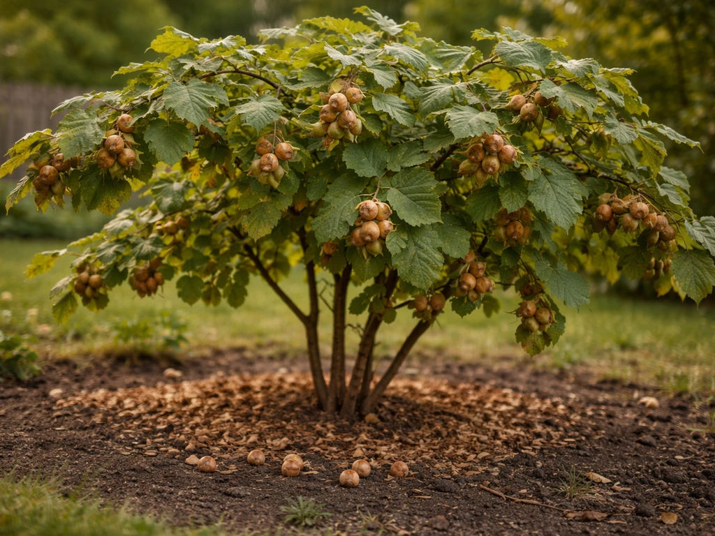 Hazelnut bush with ripe in-shell nuts and fallen nuts on the soil near the base.