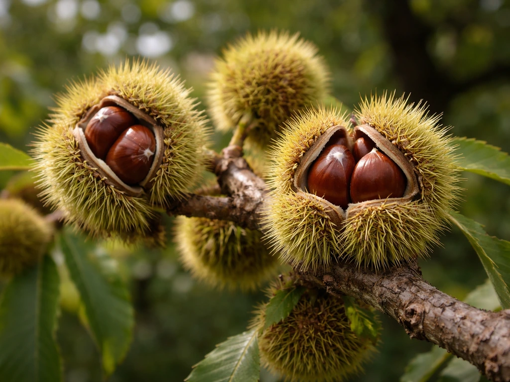 Sweet chestnut nuts in spiny burrs on a tree branch, close-up with natural leaves