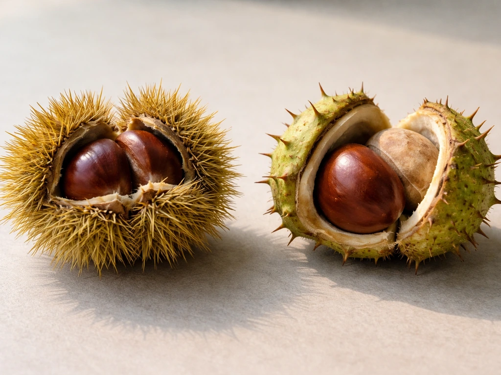 Side-by-side edible chestnut and horse chestnut burrs and nuts on a neutral tabletop.