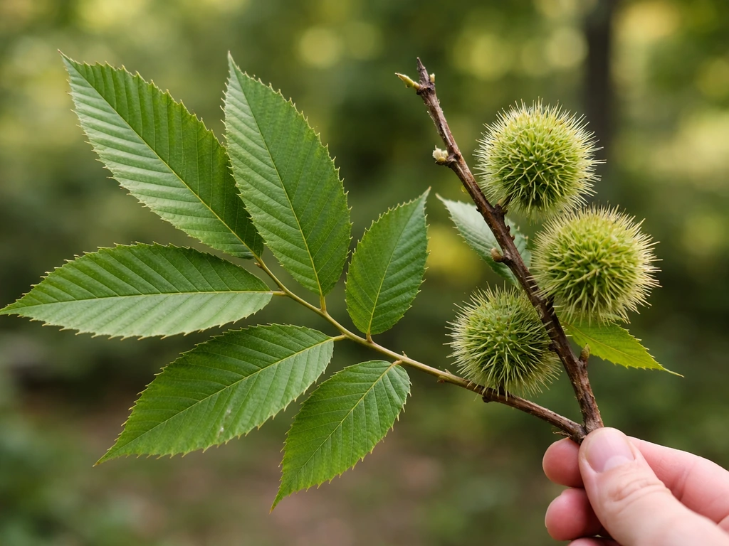 Close-up of tree leaves with serrated edges and nearby prickly burs/cupules on the same branch.