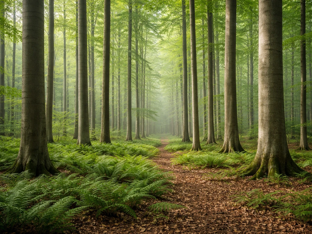 Wide view of a mature American beech forest in eastern North America with tall trees and soft woodland light.