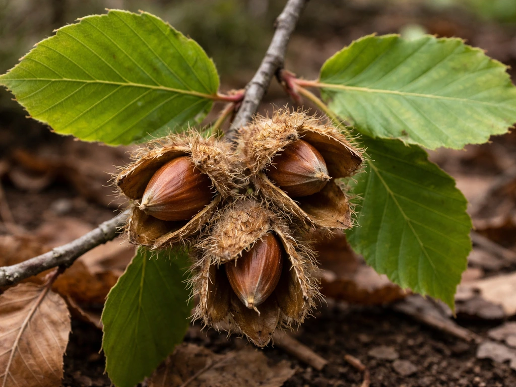 Close-up of beech nuts with nearby beech leaves on a twig, natural forest floor background.