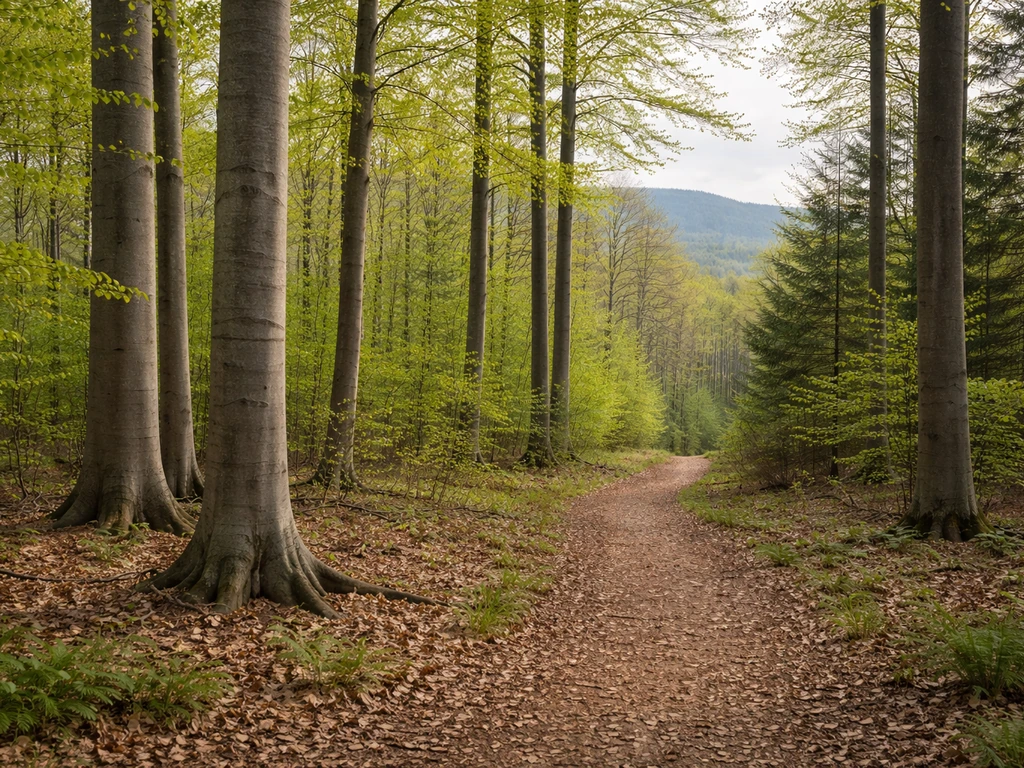A realistic photo of an American beech forest floor with eastern North American trees and soft map-like framing