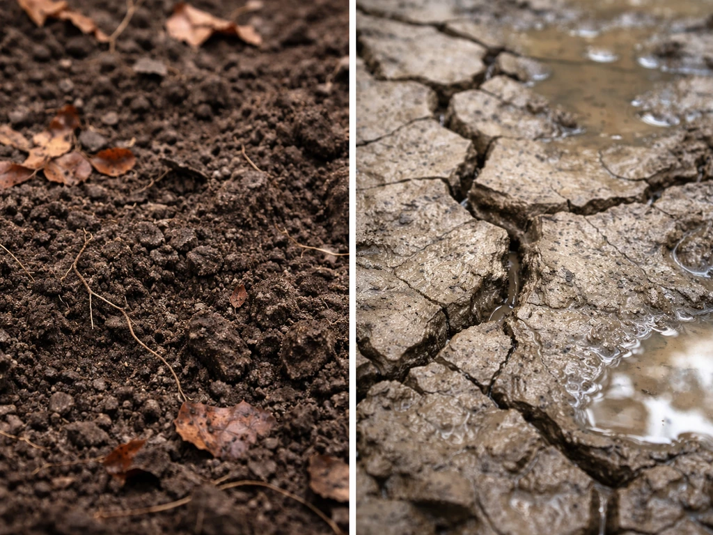 Split view of loose moist loamy soil vs compacted clay with muddy, poorly drained conditions.