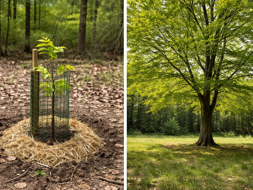 Young protected beech sapling in prepared soil beside a mature beech tree in soft natural light.