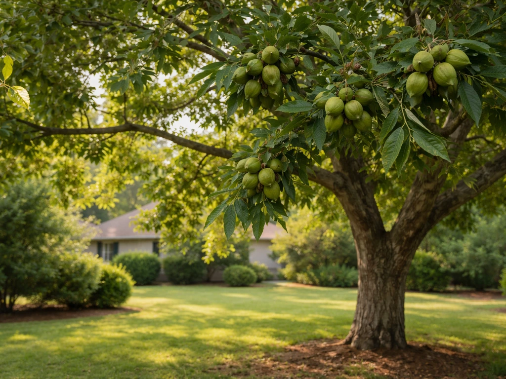 Georgia home yard with a thriving pecan tree showing lush foliage and nuts in dappled sunlight.