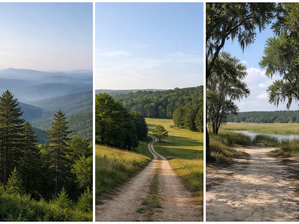 Three small landscape photos showing Georgia regions: mountains, Piedmont hills, and coastal plain trees.