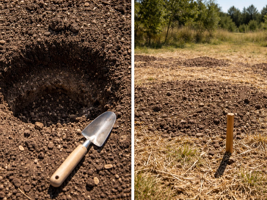 Closeup of orchard soil texture and nearby sunlit planting spot for nut tree growth needs in Georgia.