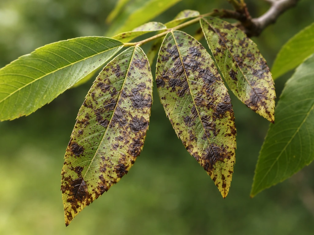 Close-up of pecan leaves showing brown and black scab lesions from fungal disease