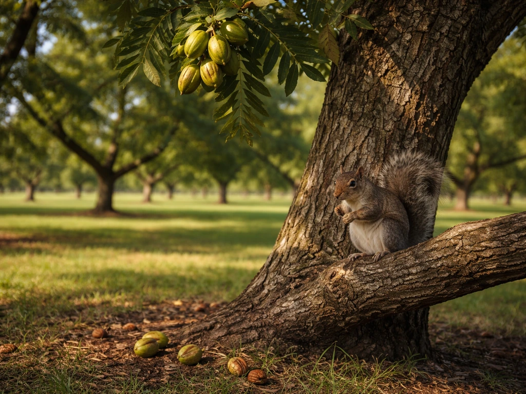A squirrel on a pecan tree with pecans and husks on the ground beneath, showing wildlife nut loss.