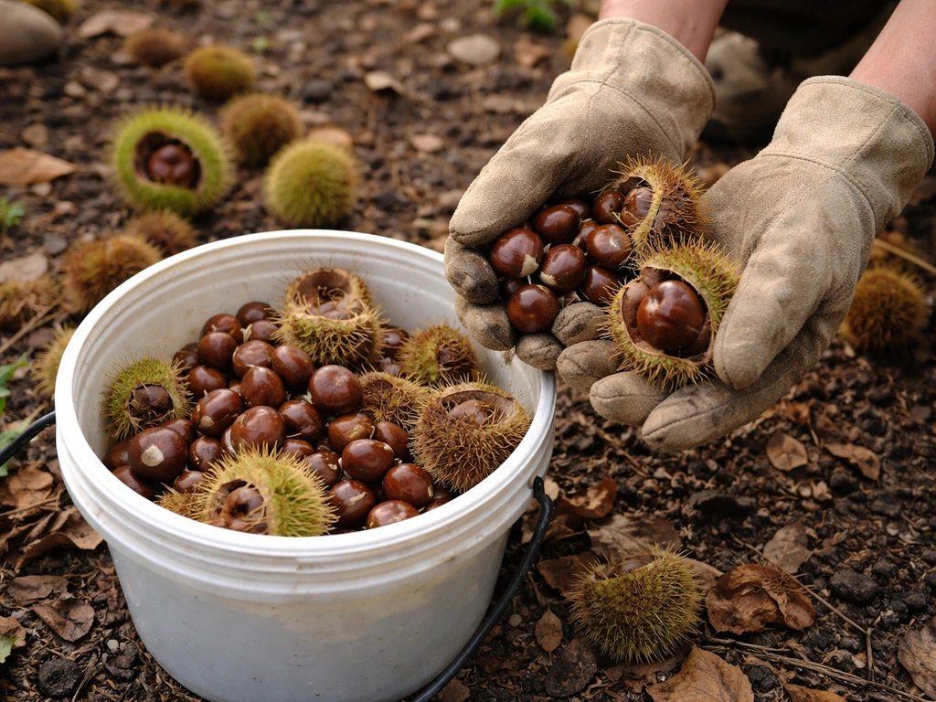 Gloved hands collecting freshly fallen pecans or chestnuts into a bucket under a tree