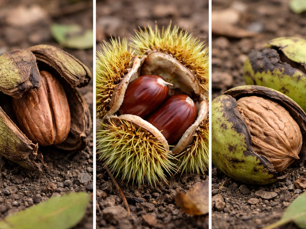 Close-up comparison of pecan husks splitting, chestnut burrs cracking, and walnut hulls turning dark.