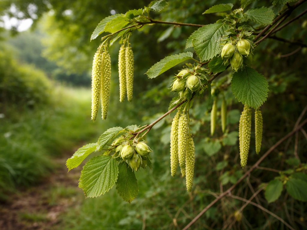 UK woodland hazel shrub with hanging catkins and developing hazelnuts in a hedgerow edge.