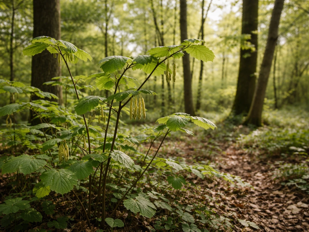 Hazel shrubs with green leaves in a UK woodland understorey with dappled sunlight.