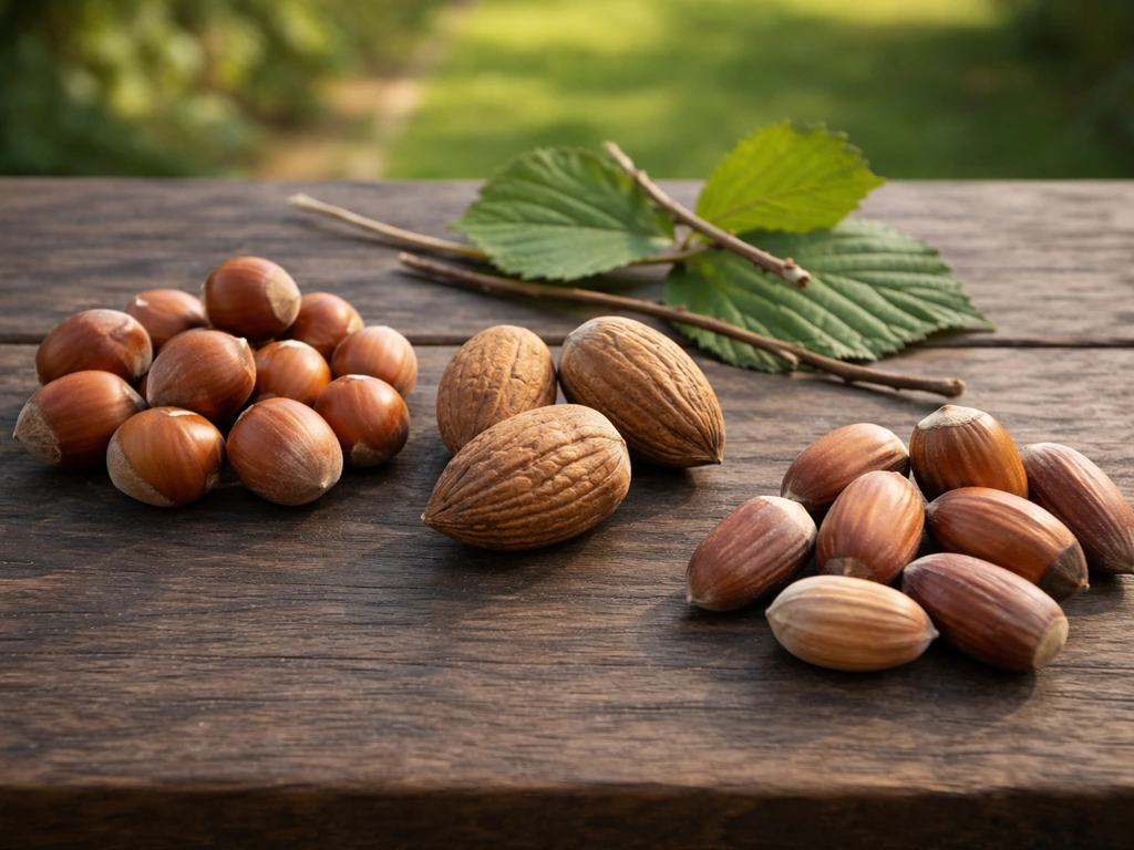 Three types of hazelnuts—hazelnuts, cobnuts, and filberts—in shells on a wooden surface with leaves.