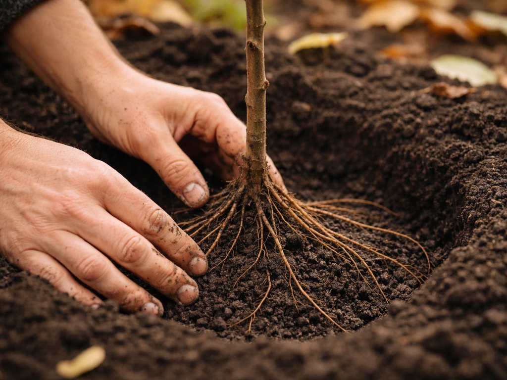 Bare-root hazel roots spread in a garden hole as a gardener plants them in autumn soil.