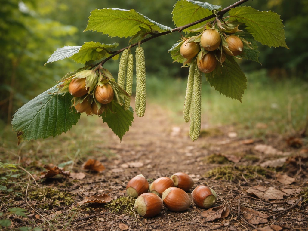 Close-up of a hazel shrub with visible catkins and fallen cobnuts ready to pick