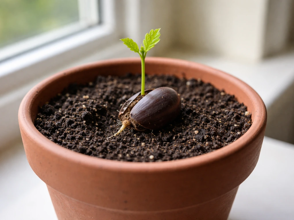 Young oak seedling growing from an acorn in a deep indoor pot with visible root sprout cues.
